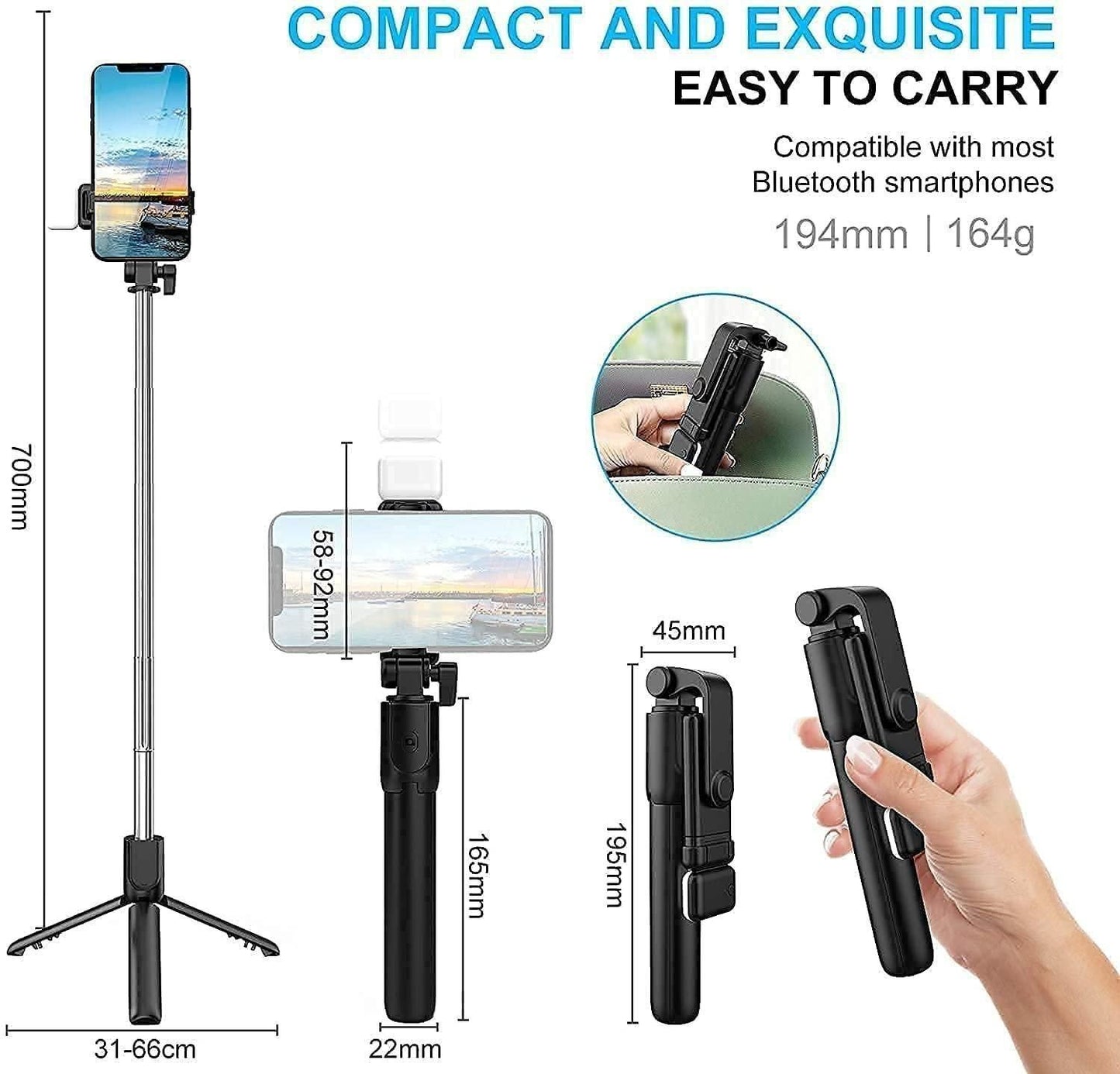 3-in-1 Extendable Selfie Stick with Tripod & Bluetooth Remote